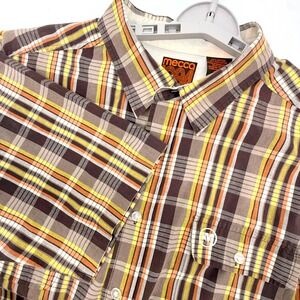 Mecca 1984 Shirt Mens 2XL Short Sleeve Button Down Brown Plaid Vintage Hip Hop